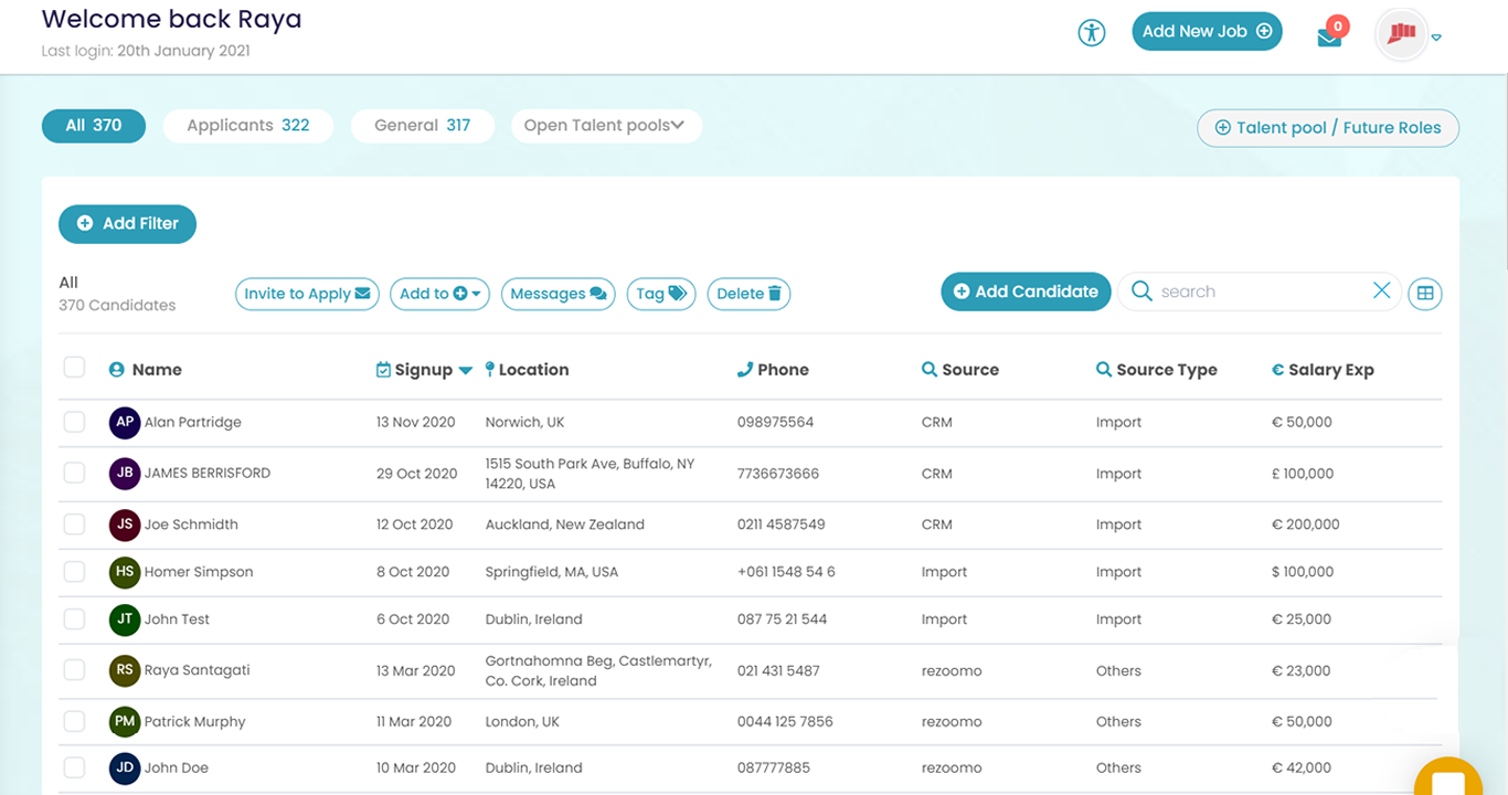 Applicant list screenshot